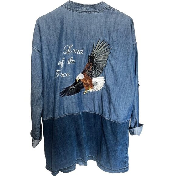 Eileen Fisher Open-Front Jacket Embroidered Bald Eagle & "Land Of The Free" Sz M - Picture 1 of 10